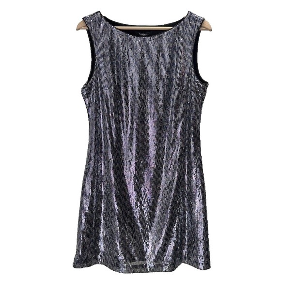 White House Black Market Blue Dress Size L Silver Sequins Party NYE Mini Dress‎ - Picture 2 of 11
